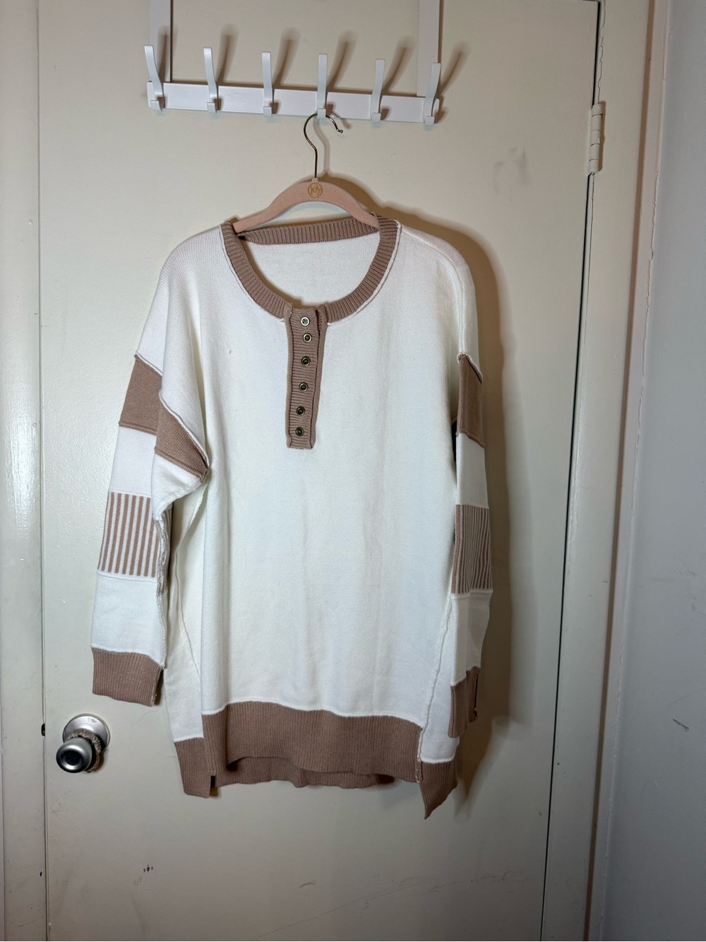 Men's Cream and Tan Henley Sweater
